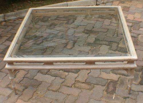 LIMEWASHED COFFEE TABLE WITH BEVELLED GLASS TOP AND FAUX BAMBOO LEG  REDUCED