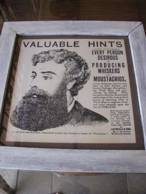 *** A LIMEWASHED FRAMED OLD  ADVERT "valuable hints for growing moustachios and whiskers""***