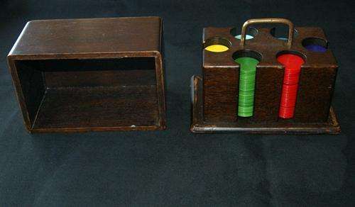 GORGEOUS OLD POKER CHIPS IN ORIGINAL OAK AND COPPER CONTAINER @@@ CRAAZZYYY R1 START