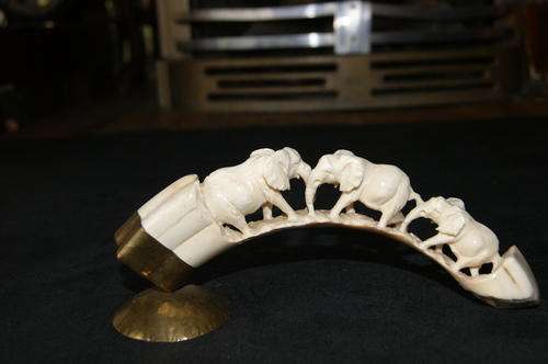 ~*~Carved Tusk with brass stand (signed T.D.)~*~