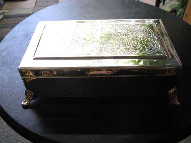 SILVER PLATED BOX WITH DETAILED WOODEN INTERIOR