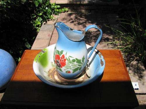 Vintage Blue Enamel Washstand Jug and Bowl