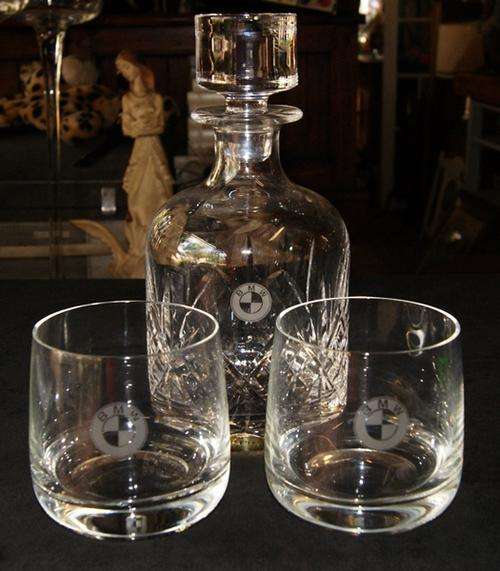 AWESOME SET OF HAND CUT CRYSTAL BMW DECANTER AND CRYSTAL BMW WHISKEY GLASSES@@@ CRAZZZY R1 START