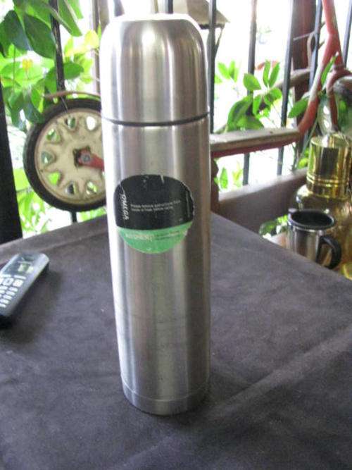 AN OMEGA STAINLESS STEEL VACUUM FLASK..........NICE ITEM IN GOOD CONDITION