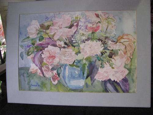 A LOVELY ORIGINAL WATERCOLOUR STILL LIFE OF FLOWERS IN A VASE BY ANNICE