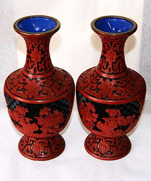 PAIR OF OLD HAND CARVED ORIENTAL CINNABAR VASES... GORGEOUS DETAIL@@@ CRAAZZYYY R1 START