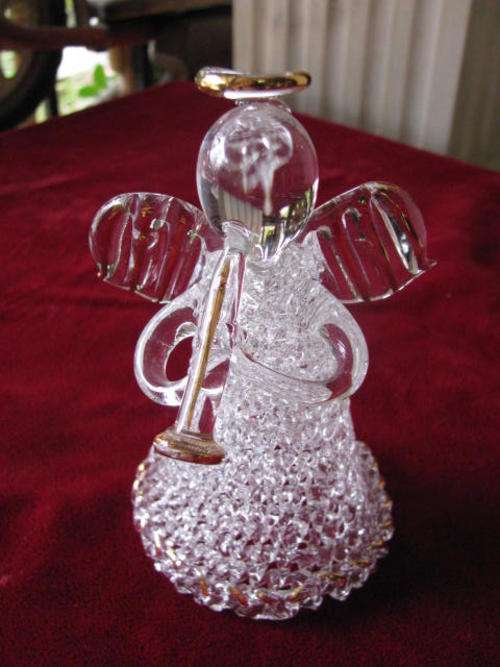 A GORGEOUS GLASS ANGEL WITH TRUMPET, HALO AND CANDLE HOLDER........LOVELY DETAIL @ CRRAAZZY R1 START