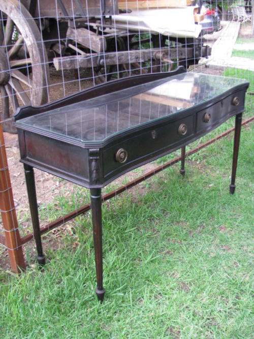 A LOVELY MAHOGANY SIDEBOARD WITH 2 DRAWERS...ALL ORIGINAL WITH PROTECTIVE GLASS TOP