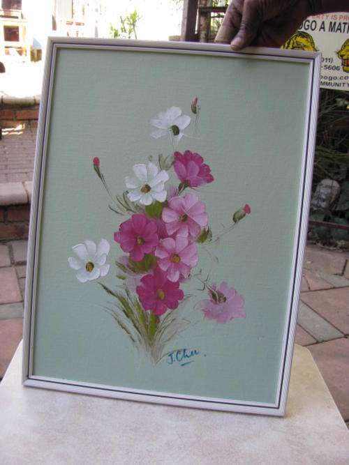 AN ORIGINAL OIL PAINTING OF COSMOS FLOWERS...FRAMED @@@ CRAZY LOW START