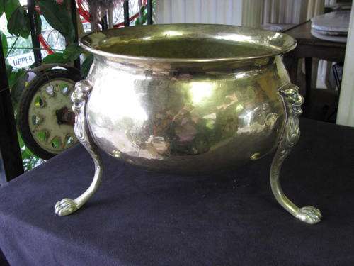 Antique Brass Plant Holder Or Container With Lion Head Detail And Lion Paw Feet