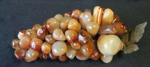 Vintage Carved Carnelian Grape Cluster with Brass Leaf - Semi Prescious Stones - 1960s
