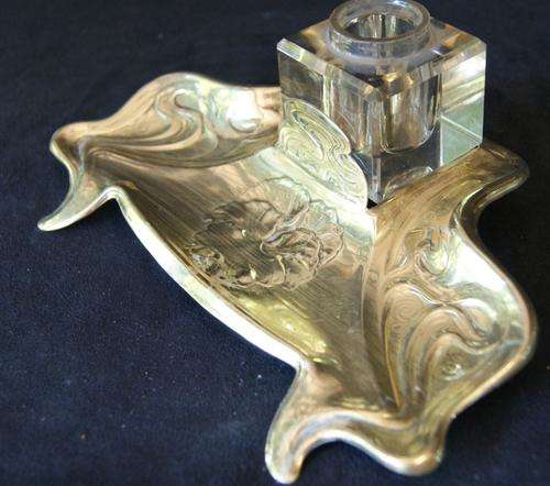 Beautiful Art Nouveau Style Brass Inkwell