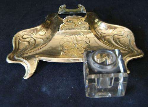 Beautiful Art Nouveau Style Brass Inkwell