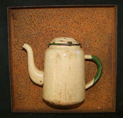 Vintage Enamel Teapot inside Rusted Metal Frame