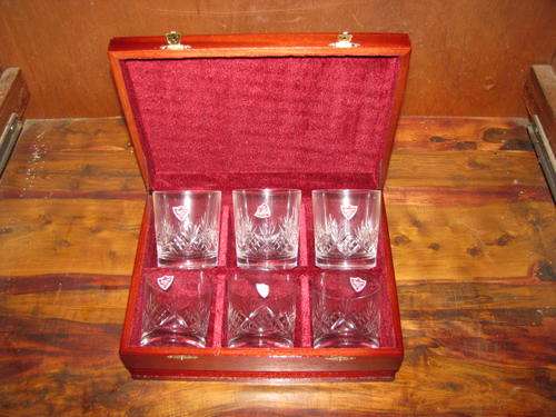 VINTAGE  MAHOGANY BOX WITH 6 HANDCUT CRYSTAL WHISKEY GLASSES..IN NEW UNUSED CONDITION