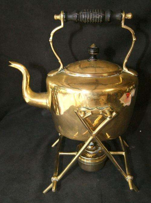 Large Vintage Brass Teapot with Burner and Stand
