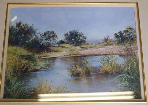 Original Large Mantel Pastel Landscape Picture in Metallic Frame