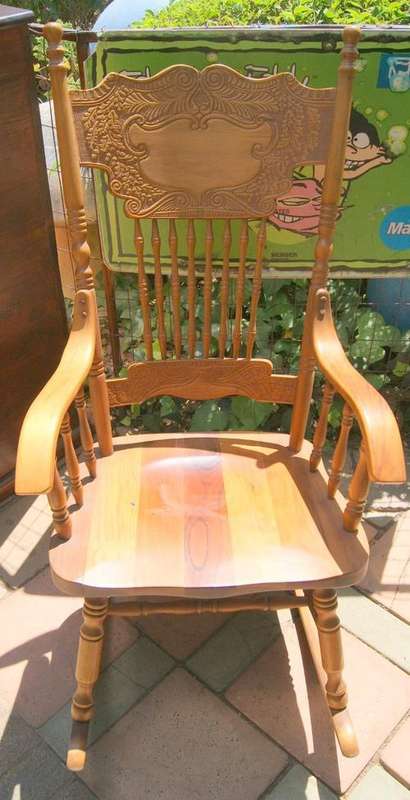 Vintage Oak Rocking Chair - Hand carved Back Design