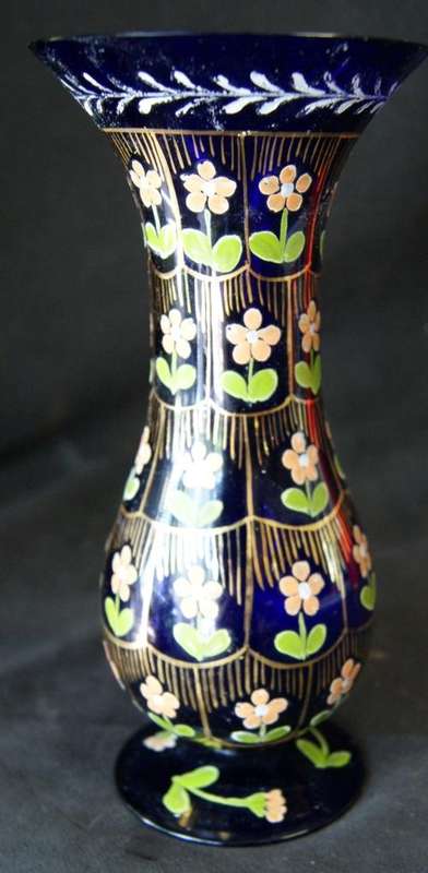 Pasabahce Cobalt Blue Turkish Hand Painted Art Glass Vase