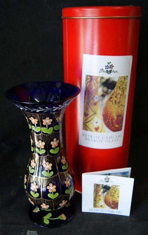 Pasabahce Cobalt Blue Turkish Hand Painted Art Glass Vase