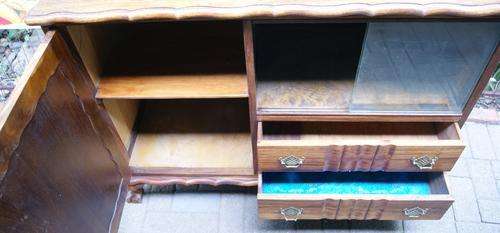 Vintage Teak Linen Fold Ball and Claw Display Cabinet