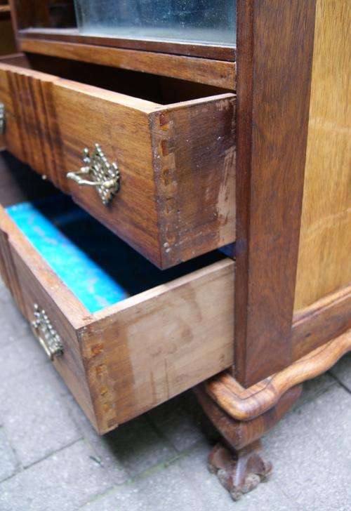 Vintage Teak Linen Fold Ball and Claw Display Cabinet
