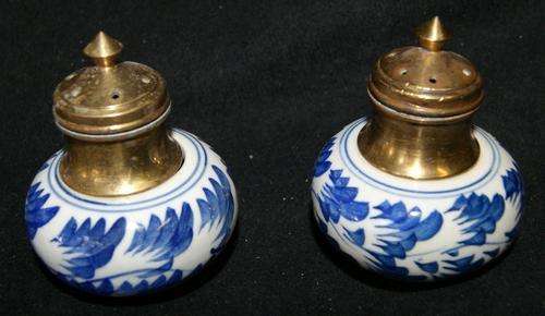 Vintage Porcelain Ceramic and Brass Salt and Pepper Set