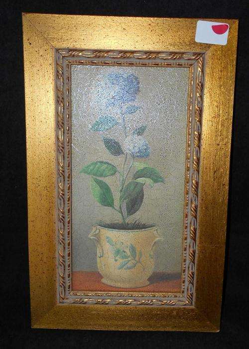 Vintage Glazed Potted Plant Acrylic Painting with Gold Frame