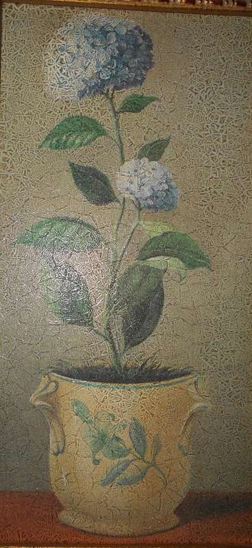 Vintage Glazed Potted Plant Oil Painting with Gold Frame