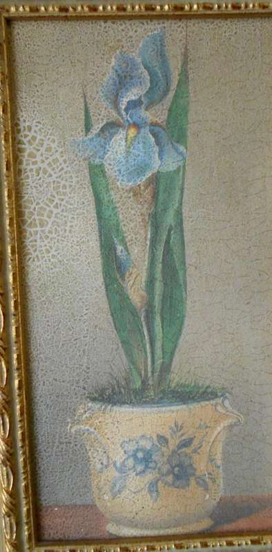 Vintage Glazed Potted Plant Acrylic Painting with Gold Frame