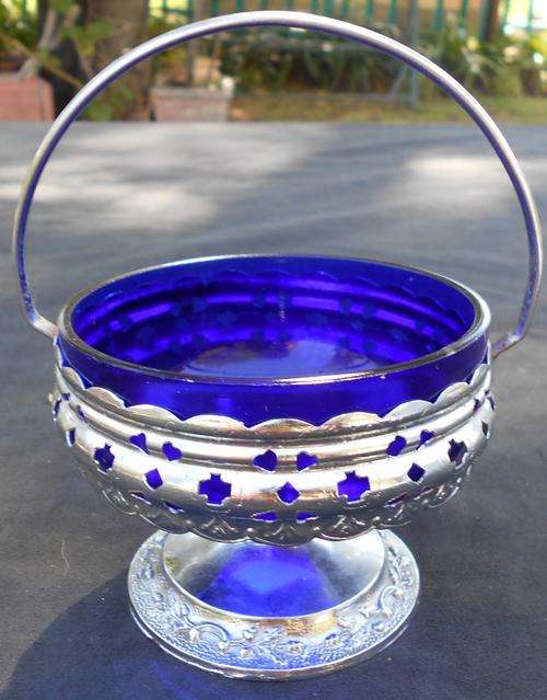 Vintage Cobalt Blue Glass Bowl with Chrome Plated Footed Stand 