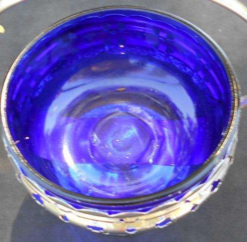 Vintage Cobalt Blue Glass Bowl with Chrome Plated Footed Stand 
