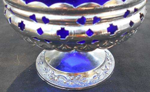 Vintage Cobalt Blue Glass Bowl with Chrome Plated Footed Stand 