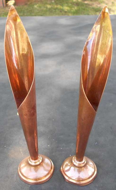 Vintage Pair of Tall Fluted Copper Vases