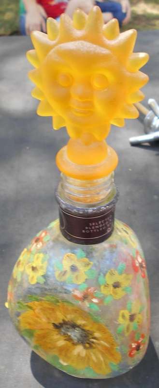 Lovely Painted Wine Bottle with Sun Flower Glass Stopper