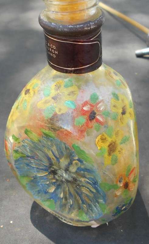 Lovely Painted Wine Bottle with Sun Flower Glass Stopper