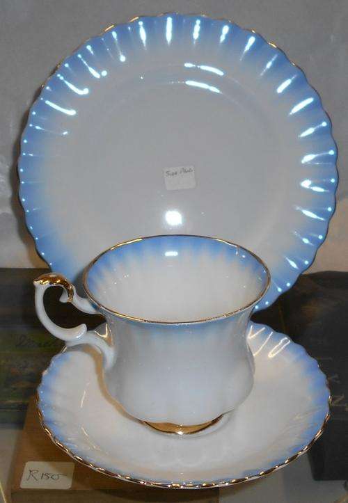 Vintage Royal Albert Rainbow Scalloped Blue Demitasse Cup, Saucer and Plate Trio