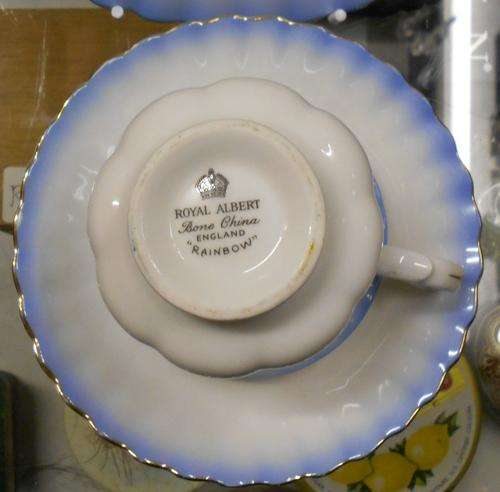 Vintage Royal Albert Rainbow Scalloped Blue Demitasse Cup, Saucer and Plate Trio