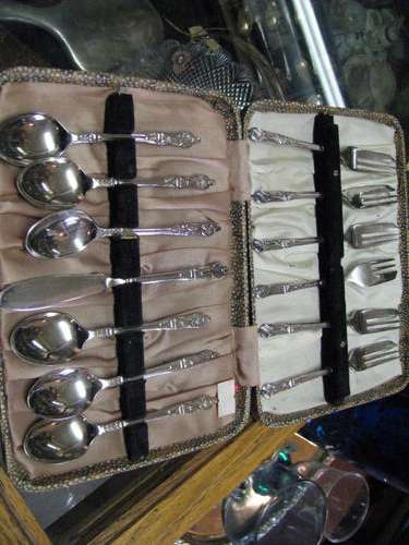 SET OF APOSTLE TEASPOONS WITH CAKE FORKS AND BUTTER KNIFE
