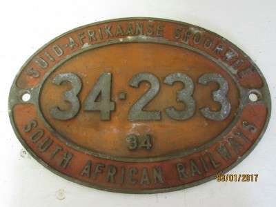 SOUTH AFRICAN RAILWAY CLASS 34 DIESEL LOCOMOTIVE NAME PLATE - LOT 126L