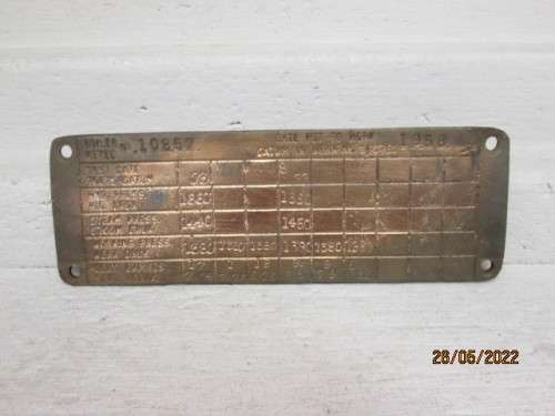 BRASS BOILER CERTIFICTION INSPECTION PLATE - 1958
