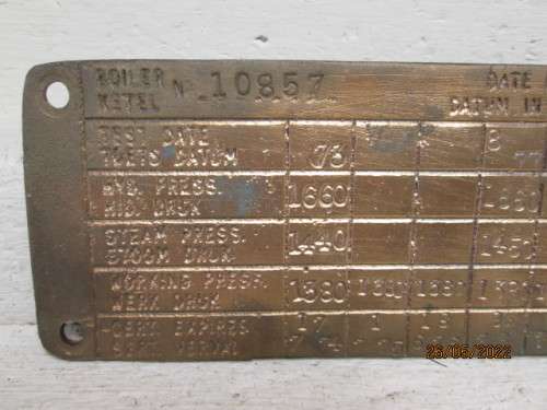BRASS BOILER CERTIFICTION INSPECTION PLATE - 1958