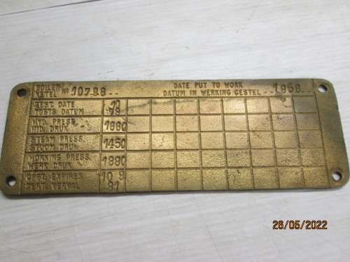 SAR : BRASS BOILER CERTIFICTION INSPECTION PLATE - 1958
