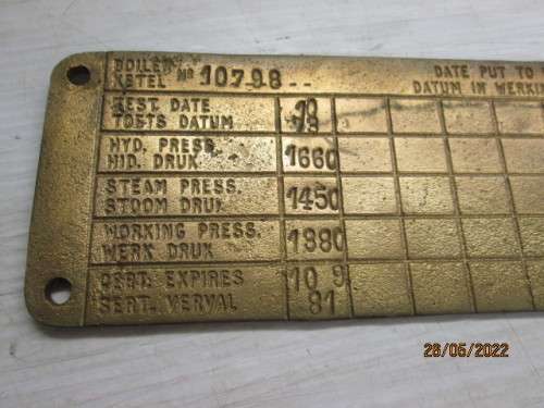 SAR : BRASS BOILER CERTIFICTION INSPECTION PLATE - 1958