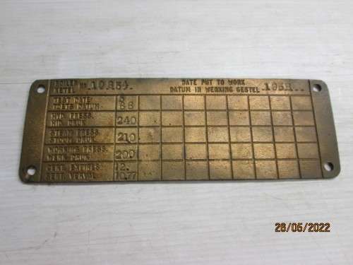 SAR : BRASS BOILER CERTIFICTION INSPECTION PLATE - 1958