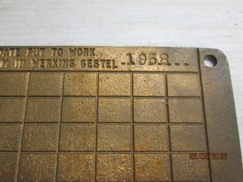 SAR : BRASS BOILER CERTIFICTION INSPECTION PLATE - 1958