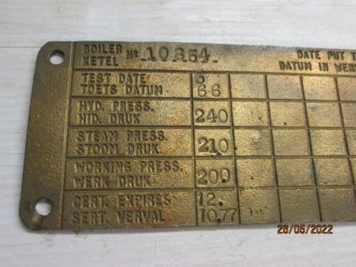 SAR : BRASS BOILER CERTIFICTION INSPECTION PLATE - 1958