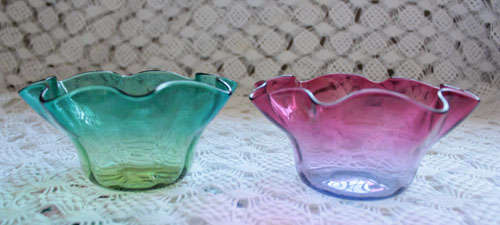 ONE VICTORIAN GREEN AND ONE PINK GLASS BOWL (2)