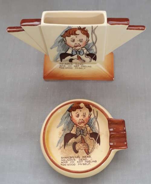 VINTAGE CARLTON WARE COMIC MOTTO CIGARETTE HOLDER AND ASHTRAY