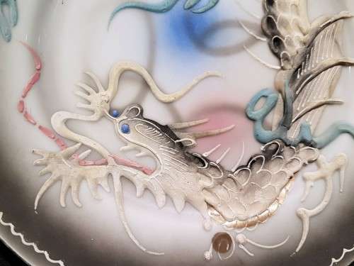 Kutani Dragonware Moriage hand painted and raised trio